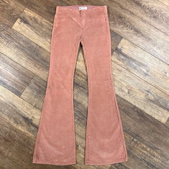 FREE PEOPLE Dusty Pink Corduroy BELL BOTTOM PANTS 25 x 33 Stretch Boho Grunge - Picture 1 of 7